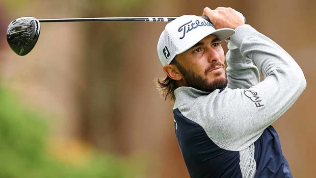 Max Homa watches a shot in the final round of the 2022 Wells Fargo Championship.